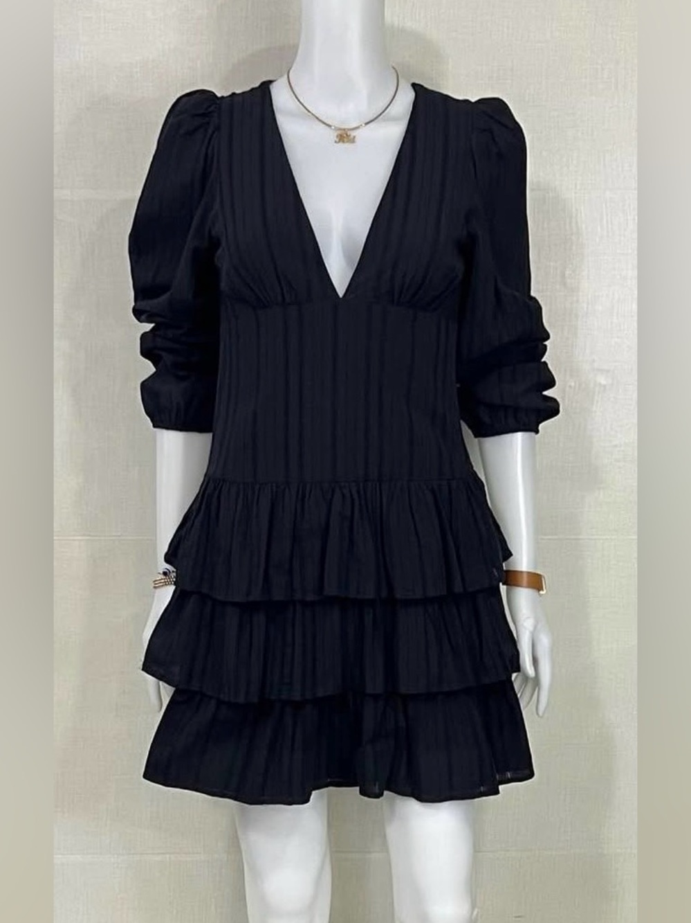 Zara long sleeve ruffle tiered V neck mini dress black small